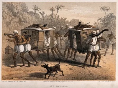 A bride and a bridegroom talking to one another as they are carried separately in sedan chairs