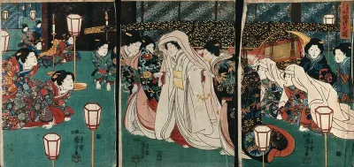 A bride emerging from a sedan chair assisted by two women, set in a palatial residence
