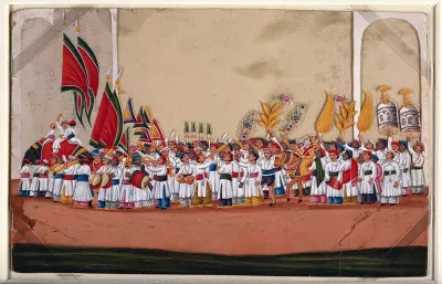 A bridegroom (?) sitting on a horse in the middle of a procession with people carrying pennants and musical instruments