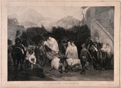 A brigand on his cart to execution confesses to the priest