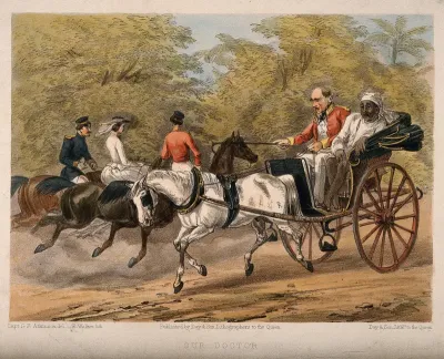 A British administrator and retired physician driving a carriage at high speed, accompanied by an Indian servant