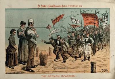 A British family is gloomily watching a procession of German immigrants practising their trades in Great Britain