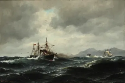 A British steamship in rough waters.