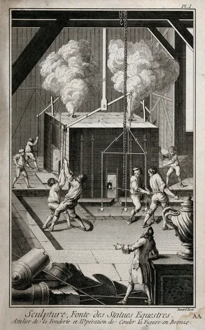 A bronze foundry for equestrian statues with a furnace being worked by assistants; fragments of cannon lying in the foreground
