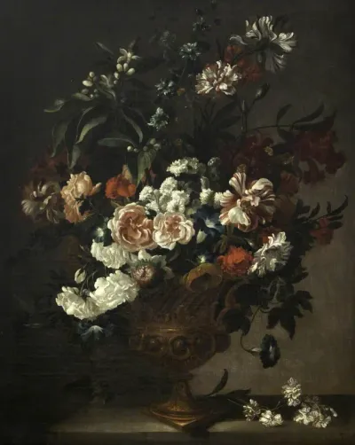 A Bronze Urn with Flowers on a Ledge