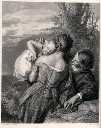 A brother and sister rest in a rocky landscape and play with a baby