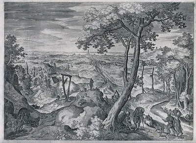 A bucolic scene with hanging trees and racks outside a village where travellers and farmers go about their business