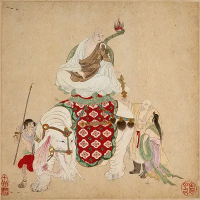 A Buddhist master (?) enthroned on an elephant, being presented with a sword-like object by a man and woman