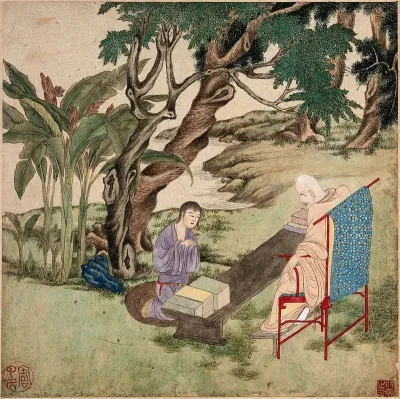 A Buddhist master (?) sitting on a chair under a tree, with books laid out on a table, while a young pupil kneels before him