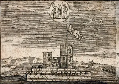 A building flying a pennent from a tower, surrounded by small houses; above, the appearance of three nuns holding rosaries, one of them carrying a cross