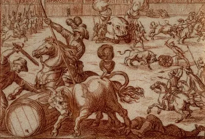 A bull fight with mounted riders and a grotesque machine on wheels emitting smoke in the background