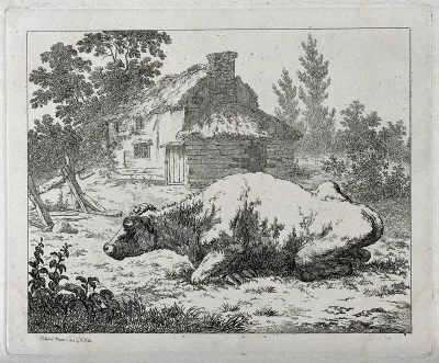 A bull resting in an enclosure outside a thatched cottage in England