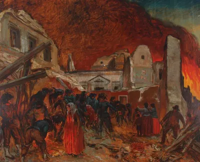 A burning city.