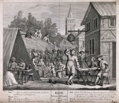 A busy drinking scene outside a tavern with the landlord taking a drink order from a new customer