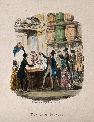 A busy gin palace bar with customers buying drinks