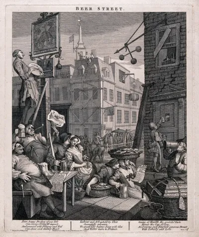 A busy street corner with traders stopping for a tankard of beer and an artist painting a pub sign