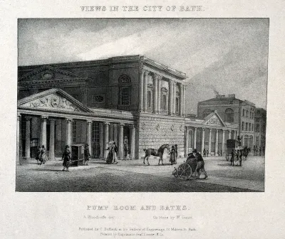 A busy street scene with the baths and pump room, Bath