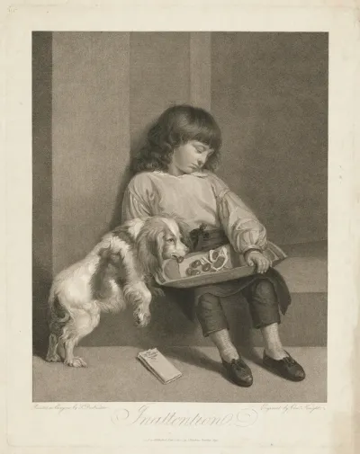 A butcher's boy, having fallen asleep on a doorstep, allows a spaniel to eat the kidneys off a tray of kidneys and chops; demonstrating inattention (inattentiveness)