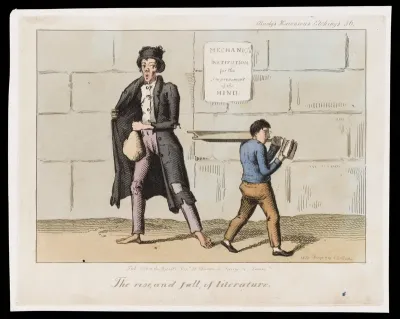 A butcher's boy, reading to improve his mind, is so absorbed in his book that his delivery of meat is stolen by a passer-by