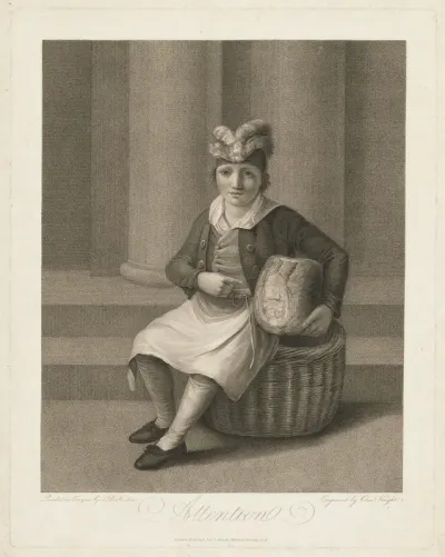 A butcher's boy, seated on a basket, holding a large piece of meat; demonstrating attention (attentiveness)