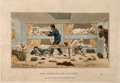 A cabin on board a packet-boat, its occupants either asleep or being sea-sick