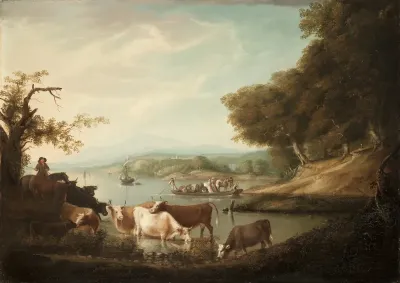 A Calm Watering Place—Extensive and Boundless Scene with Cattle
