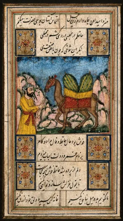 A camel carrying two large watermelons is lead along by a man dressed in yellow