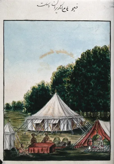 A campsite; a man with a long smoking pipe in a tent and three others