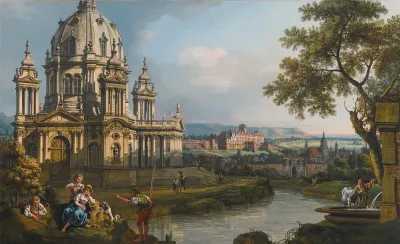 A Capriccio River Landscape with a Church to the Left