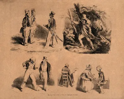 A captain talks to two soldiers, a man is hiding behind a tree from approaching soldiers, two old men stand talking, an artist is sketching, and an elderly couple are laughing together