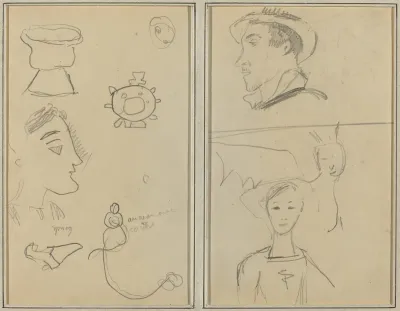 A Caricature and Five Forms; A Man in Profile, a Winged Creature and a Boy