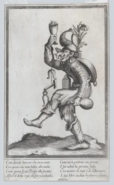 A caricature figure (ironmonger?) with a toad on his nose, carrying various implements walking to the left