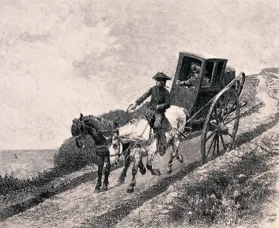 A carriage carrying two people travelling along the road