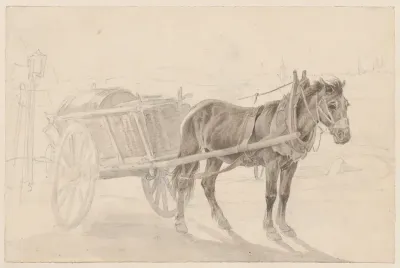 A Cart Drawn by a Brown Horse Near a Lamp Pole; Verso: A Group of Mounted Officers