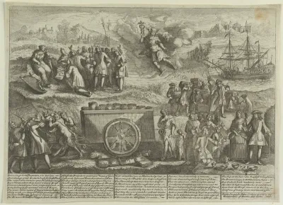 A cart laden with coins in sacks is dragged by a group of devils who are lashed by men armed with whips; representing William Wood's scheme to improve the Irish coinage