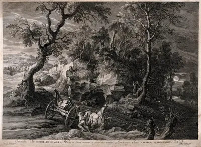 A cart loaded with stone is being driven downhill with a man helping to steer it from the side