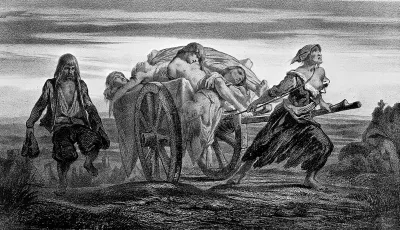 A cart of plague victims at Elliant drawn by a woman in rags