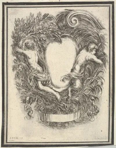 A cartouche flanked by Apollo and Pan, plate 5 from "Nouvelles inventions de Cartouches"