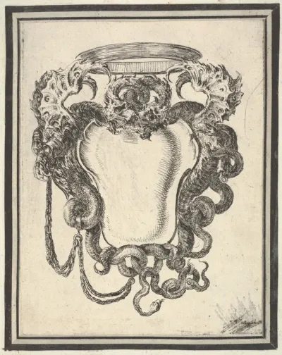 A cartouche flanked by dragons, their tails supporting a crown at top, plate 8 from "Nouvelles inventions de Cartouches"