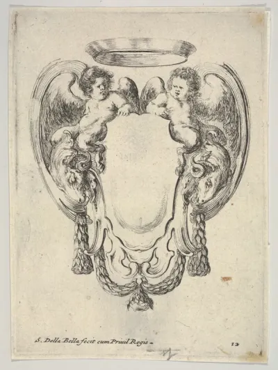 A cartouche flanked by two winged infant satyrs riding on the heads of two rams, plate 12 from "Nouvelles inventions de Cartouches"