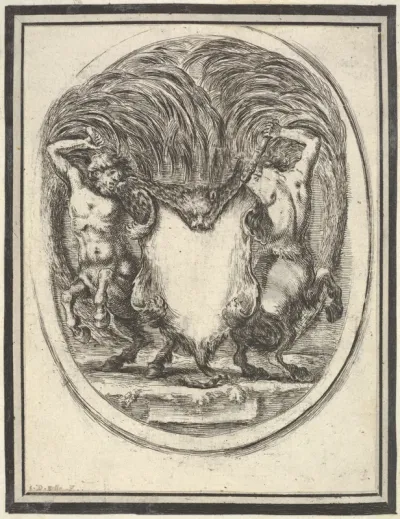 A cartouche formed by a tiger skin and flanked by two centaurs, plate 4 from "Nouvelles inventions de Cartouches"
