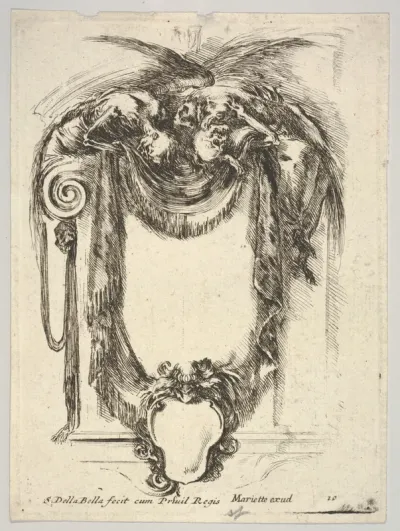 A cartouche formed by drapery and topped with two skeletons atop an Ionic entablature, plate 10 from "Nouvelles inventions de Cartouches"