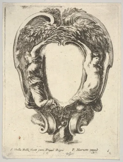 A cartouche supported by a duck below and decorated with two nymphs whose arms become tree branches, plate 6 from "Nouvelles inventions de Cartouches"