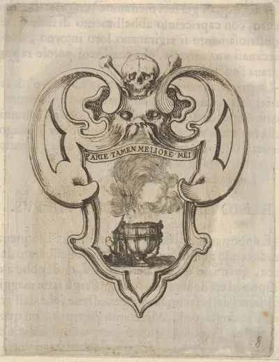 A cartouche with a censer, a skull and crossbones and a grotesque face at top, from "Eight Emblems for the Funeral of Francesco de Medici" (Huit emblèmes pour les funérailles du prince François de Médicis)