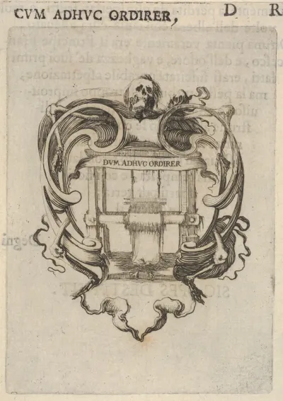 A cartouche with a loom, a skull at top, bones to either side, from "Eight Emblems for the Funeral of Francesco de Medici" (Huit emblèmes pour les funérailles du prince François de Médicis)