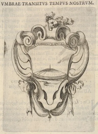 A cartouche with a sundial, a skull with feathers on its head at top, from "Eight Emblems for the Funeral of Francesco de Medici" (Huit emblèmes pour les funérailles du prince François de Médicis)