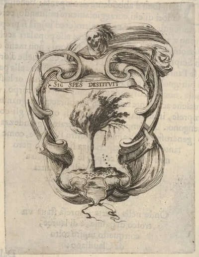 A cartouche with a tree blowing in the wind, a skull with drapery at top, bones to either side, from "Eight Emblems for the Funeral of Francesco de Medici" (Huit emblèmes pour les funérailles du prince François de Médicis)