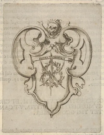 A cartouche with a wreath of laurel and palms, a skull and crossbones at top, from "Eight Emblems for the Funeral of Francesco de Medici" (Huit emblèmes pour les funérailles du prince François de Médicis)