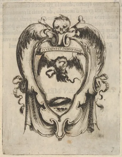 A cartouche with an eagle and a snake, a skull and crossbones at top, wings to either side, from "Eight Emblems for the Funeral of Francesco de Medici" (Huit emblèmes pour les funérailles du prince François de Médicis)