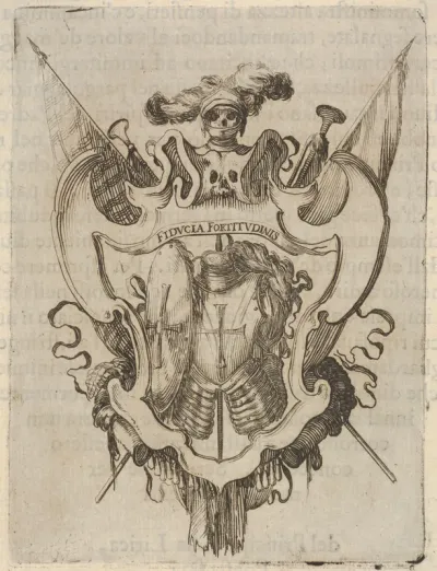 A cartouche with armor, a skull with armor and a helmet with feathers at top, from "Eight Emblems for the Funeral of Francesco de Medici" (Huit emblèmes pour les funérailles du prince François de Médicis)